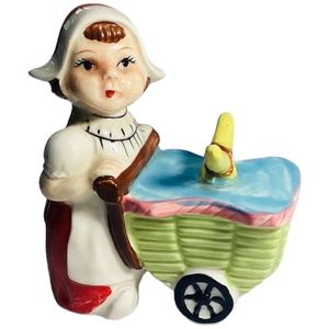 Napco Vintage Dutch Girl Ceramic Pushing Cart Japan 5"